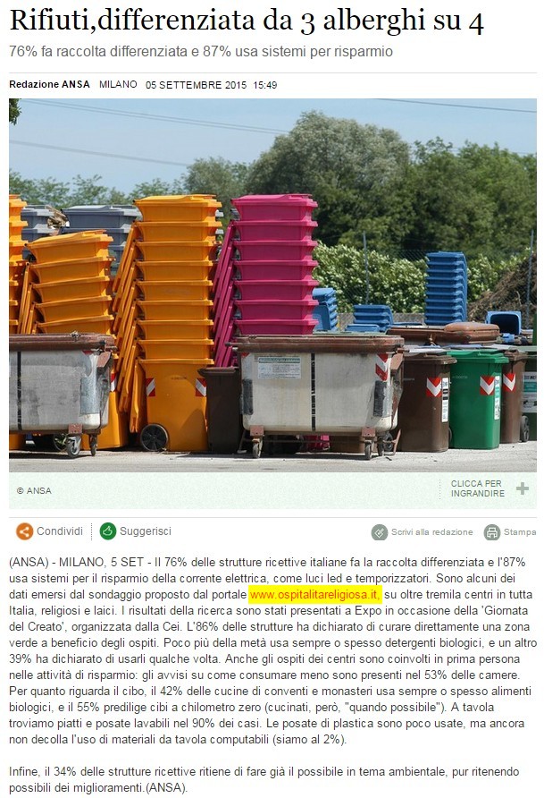Ansa Rifiutti, differenziata da 3 alberghi su 4