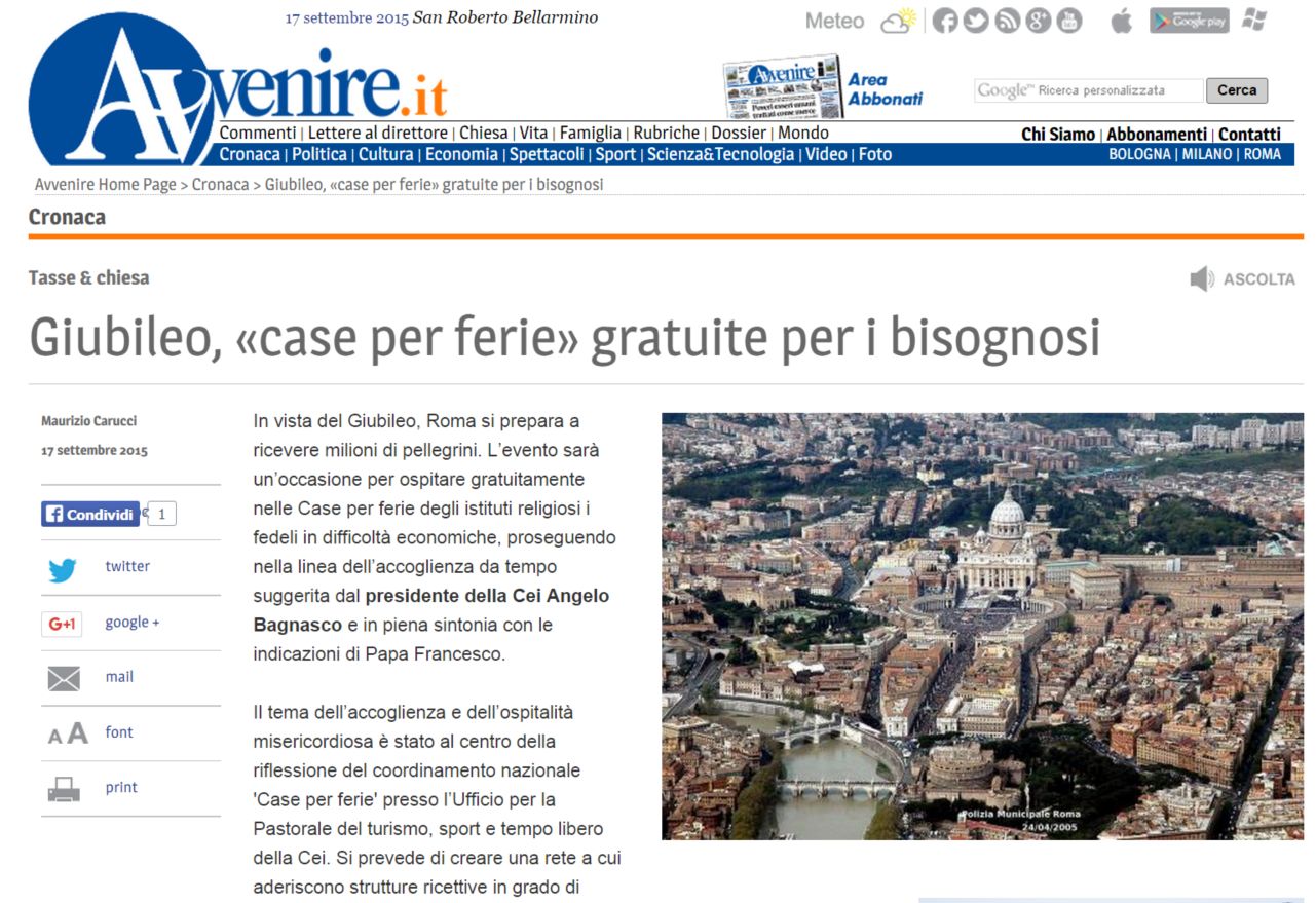 Avvenire   17 Settembre 2015 Giubileo, "case per ferie" gratuite per i bisognosi 