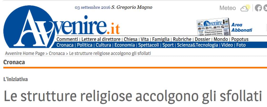 Avvenire   29 Agosto 2016 Le strutture religiose accolgono gli sfollati
